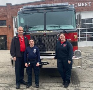 Chief Fisher, firefighter Gabriel Ricker, and firefighter Nicole Sevigny stand in from of the department’s new Engine 32. (Photo Courtesy Merrimac Fire)