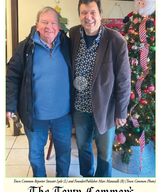 The Town Common’s Reporter Stewart Lytle (L) &  Founder/Publisher Marc Maravalli (R) pause for a photo after joining others at Giuseppe’s Italian Restaurant and Marketplace on Low St.,  Newburyport, Mass.