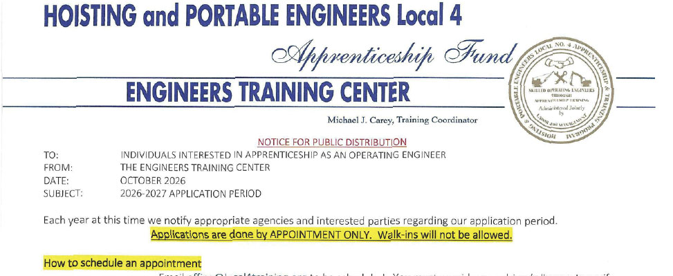 HOISTING AND PORTABLE ENGINEERS Local 4 – APPRENTICESHIP FUND – TRAINING APPLICATIONS SOUGHT